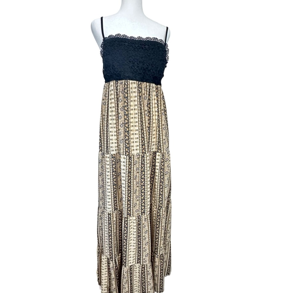 TIered Maxi Dress XL Tan Black Floral Lace Boho Adjustable Festival Cottage